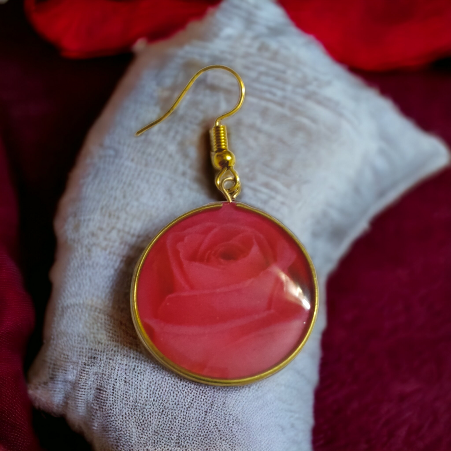 Enchanted Velvet: Red Rose & Gold Frame UV Resin Earrings