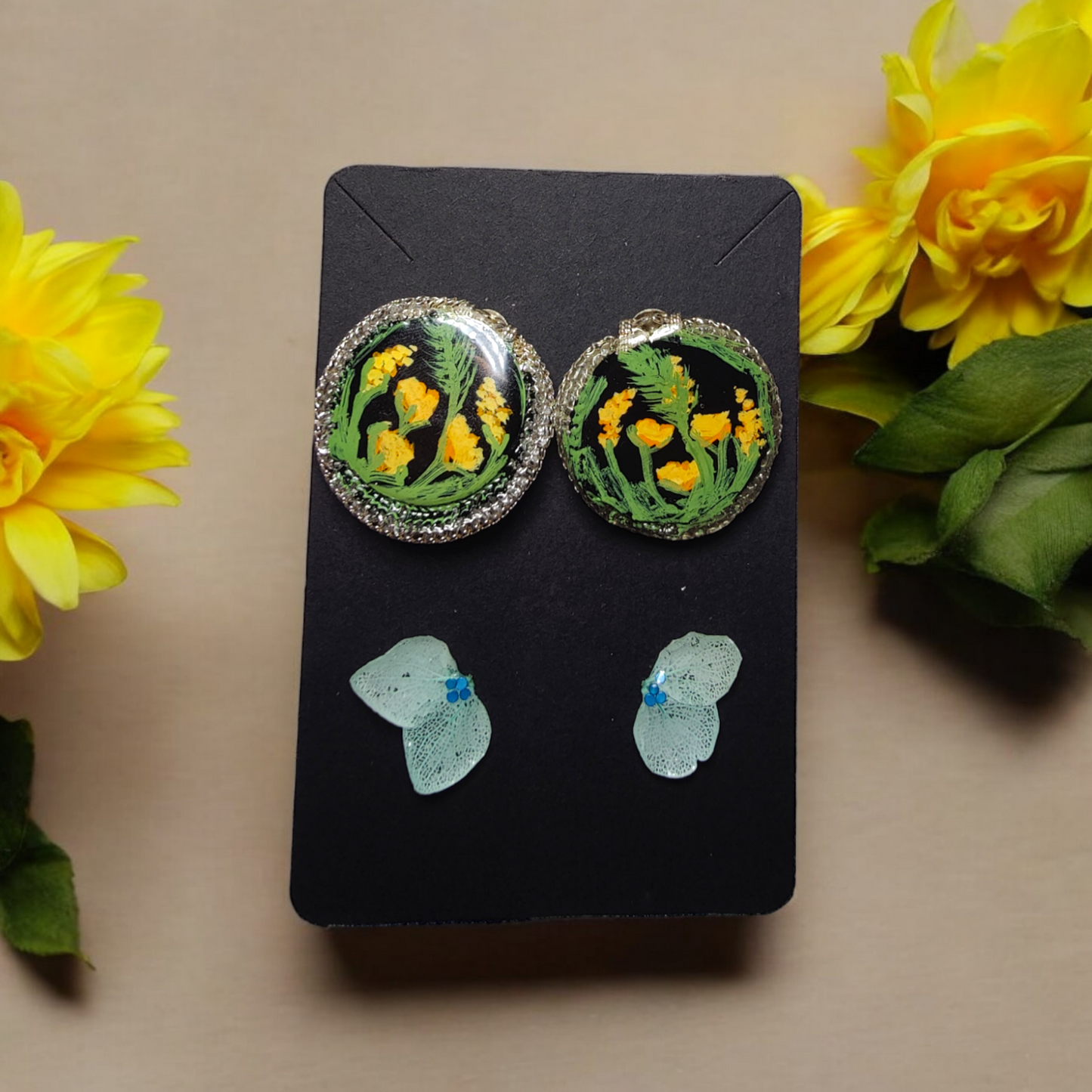 Gilded Sunburst: Hand-Painted Yellow Floral Medallion Earrings