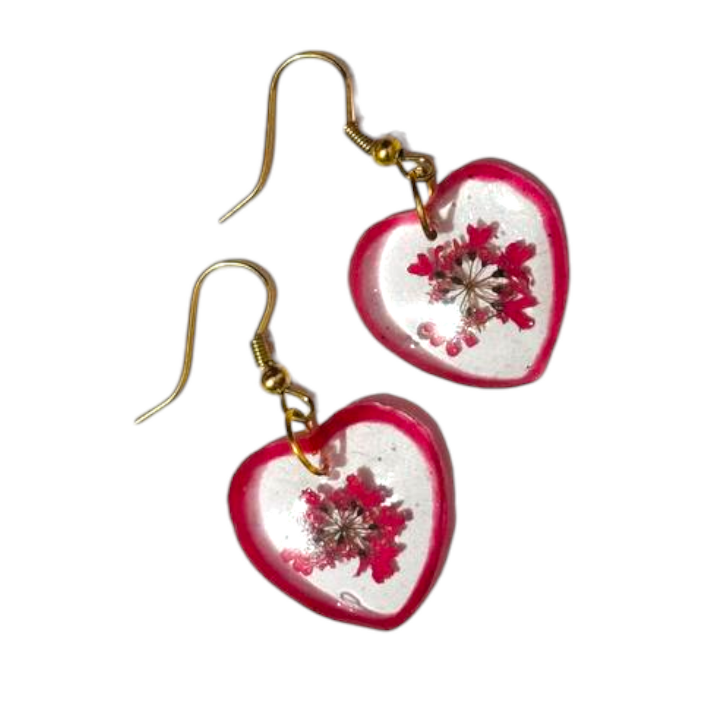 Pink Starburst: Real Flower UV Resin Heart Earrings