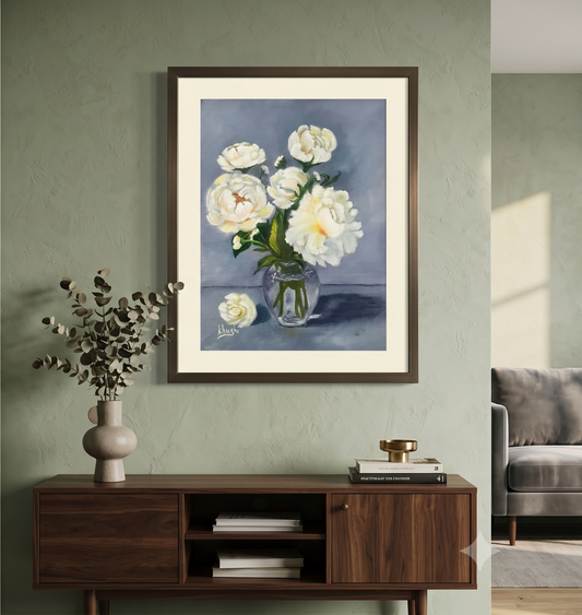 Original painting ,Serene Purity: White Peonies,Oil on Canvas 9x12 in (framed)