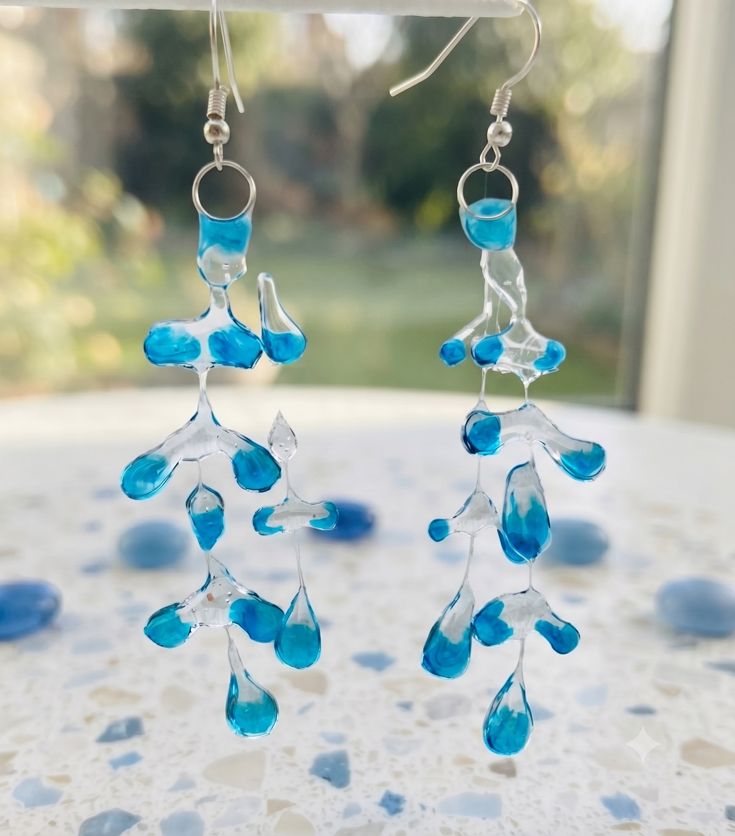Handcrafted Clear Resin & Electric Blue Teardrop Dangle Earrings
