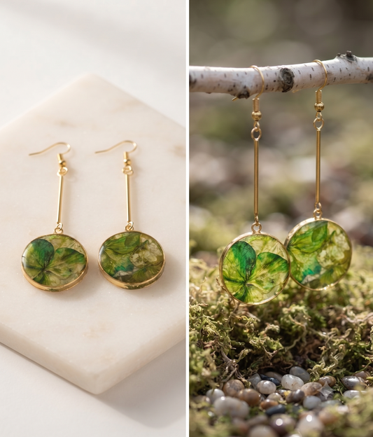 Handmade Botanical Green Leaf Gold Dangle Earrings | Preserved Nature UV Resin Jewelry