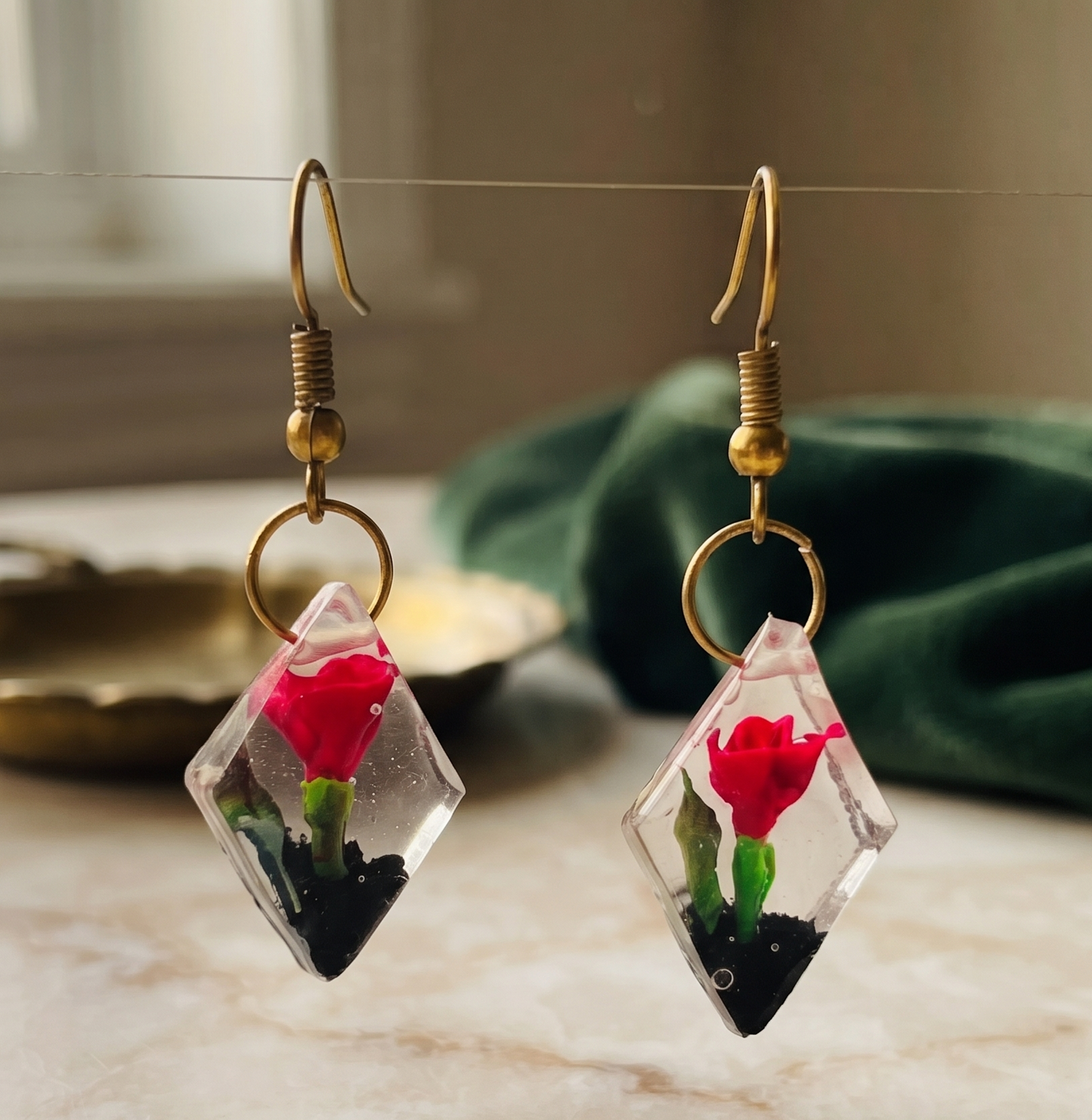 Handcrafted Encapsulated Crimson Rose Diamond Resin Earrings