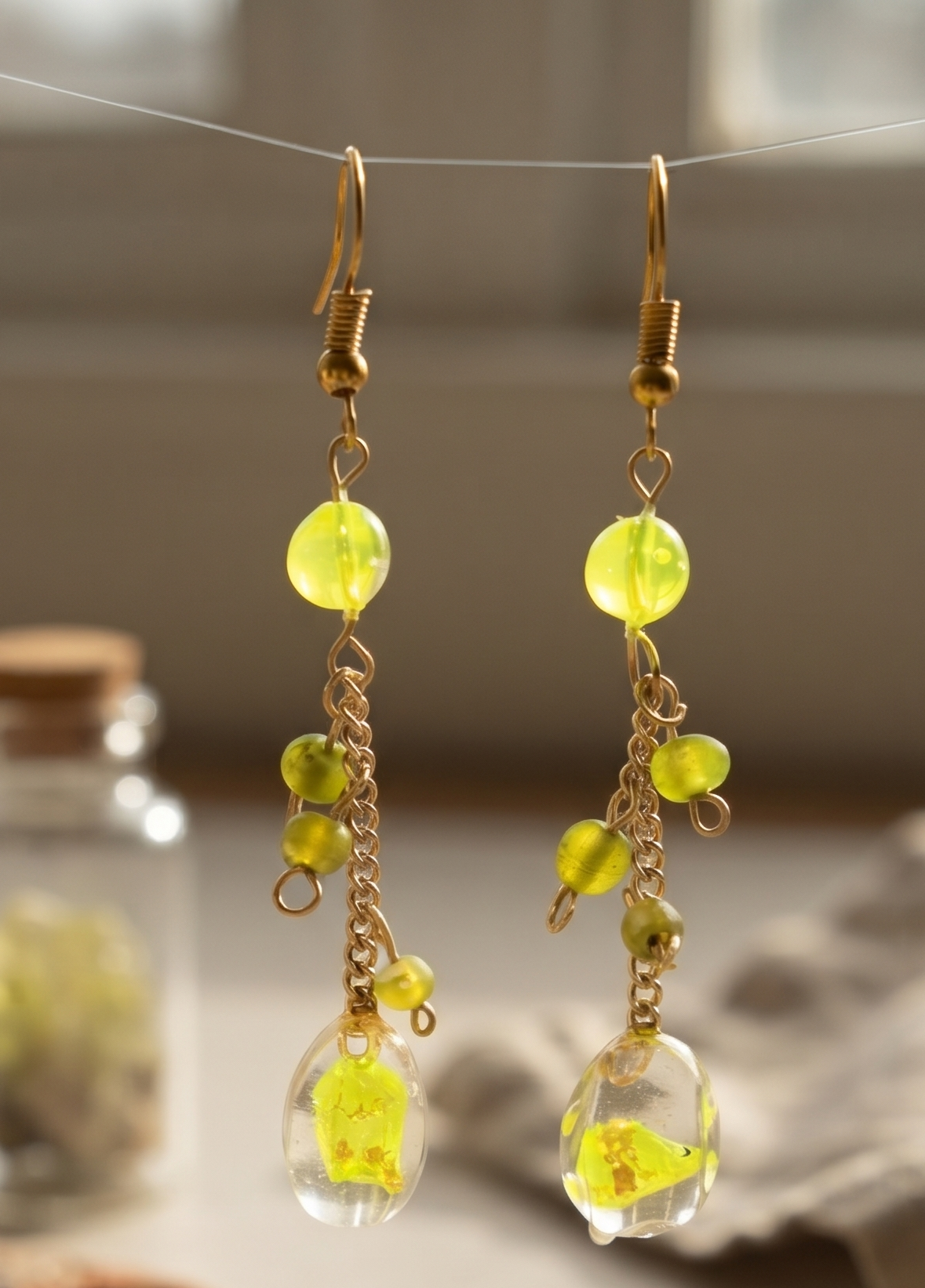Handcrafted Lime Green & Gold Beaded Dangle Earrings