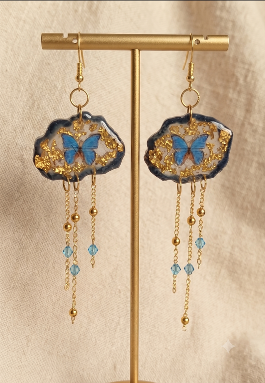 Handmade Blue Butterfly Cloud UV Resin Dangle Earrings | Gold Leaf & Crystal Botanical Jewelry