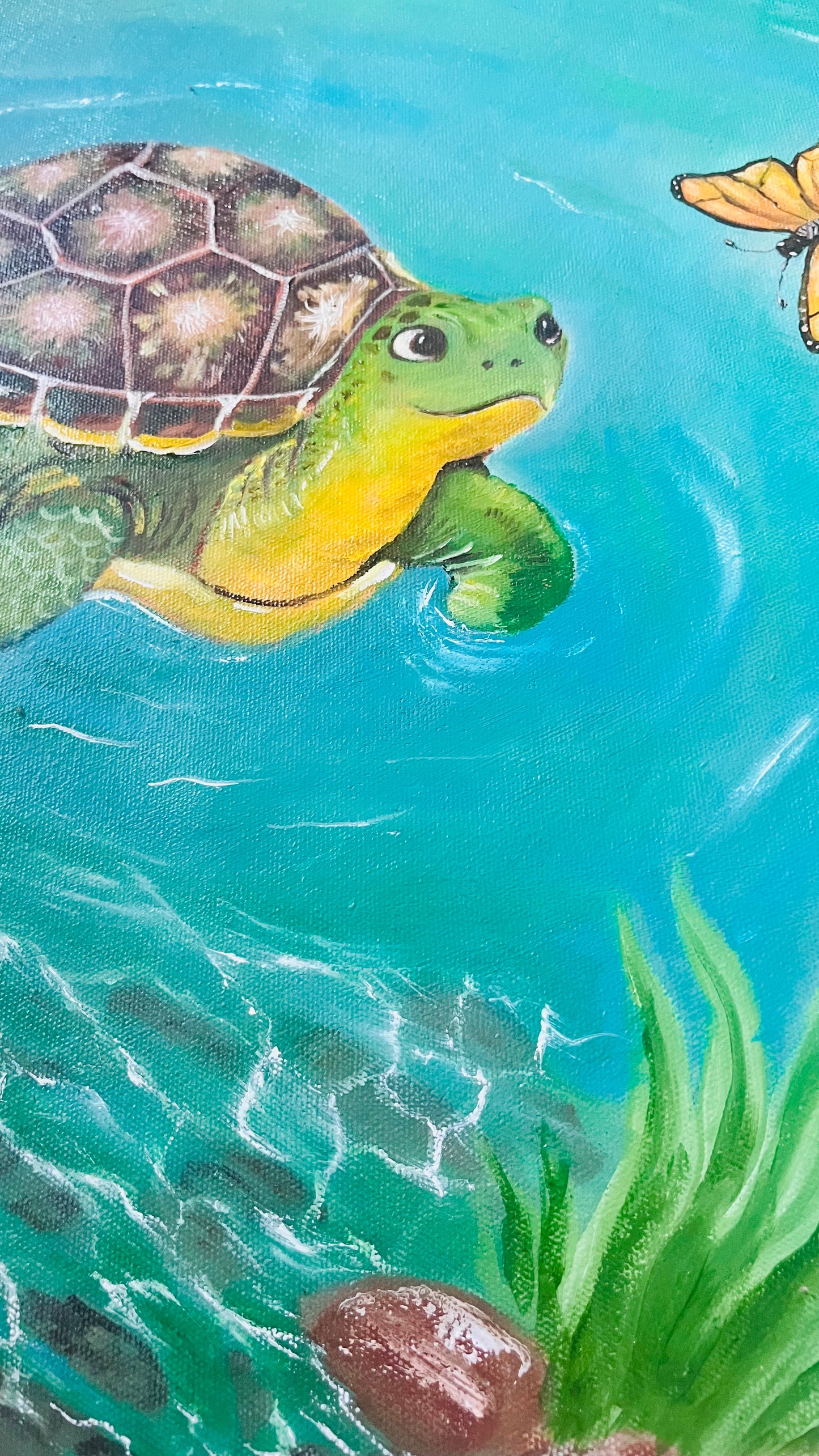 Original Painting , Turtle and Butterfly in Turquoise Pond,Oil on Canvas 24x18in(Un-Framed)