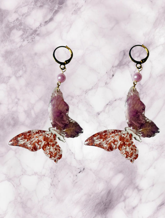 Handmade Mixed-Media Marbled Plum & Copper Foil Butterfly UV Resin Earrings