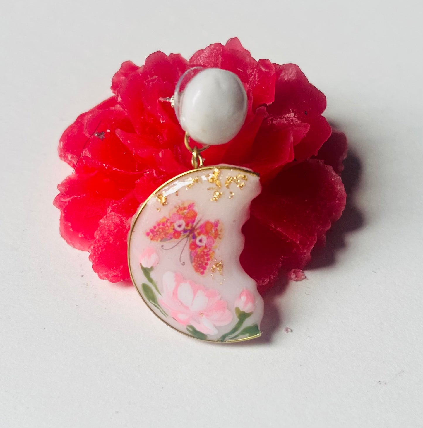 Hand-Painted Butterfly & Ethereal Floral Moon UV-Resin Studs