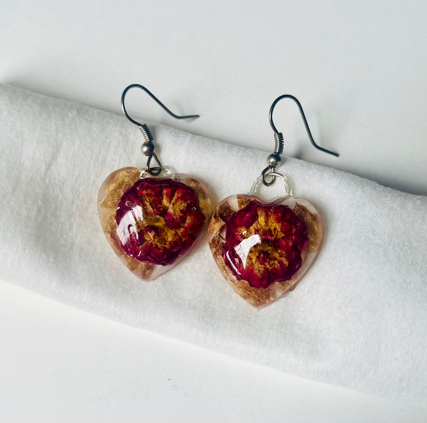 Handmade Preserved Crimson Rose Botanical Heart UV Resin Earrings