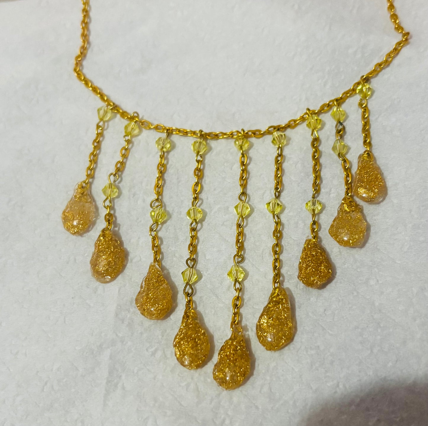Handmade Gold-Tone Fringe Statement Necklace with Gold foil Resin Teardrops