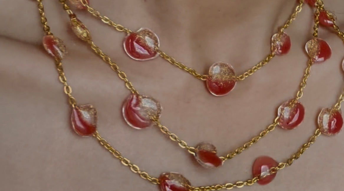Handmade 3-Tier Layered Gold Chain Necklace with Real Floral Resin Beads