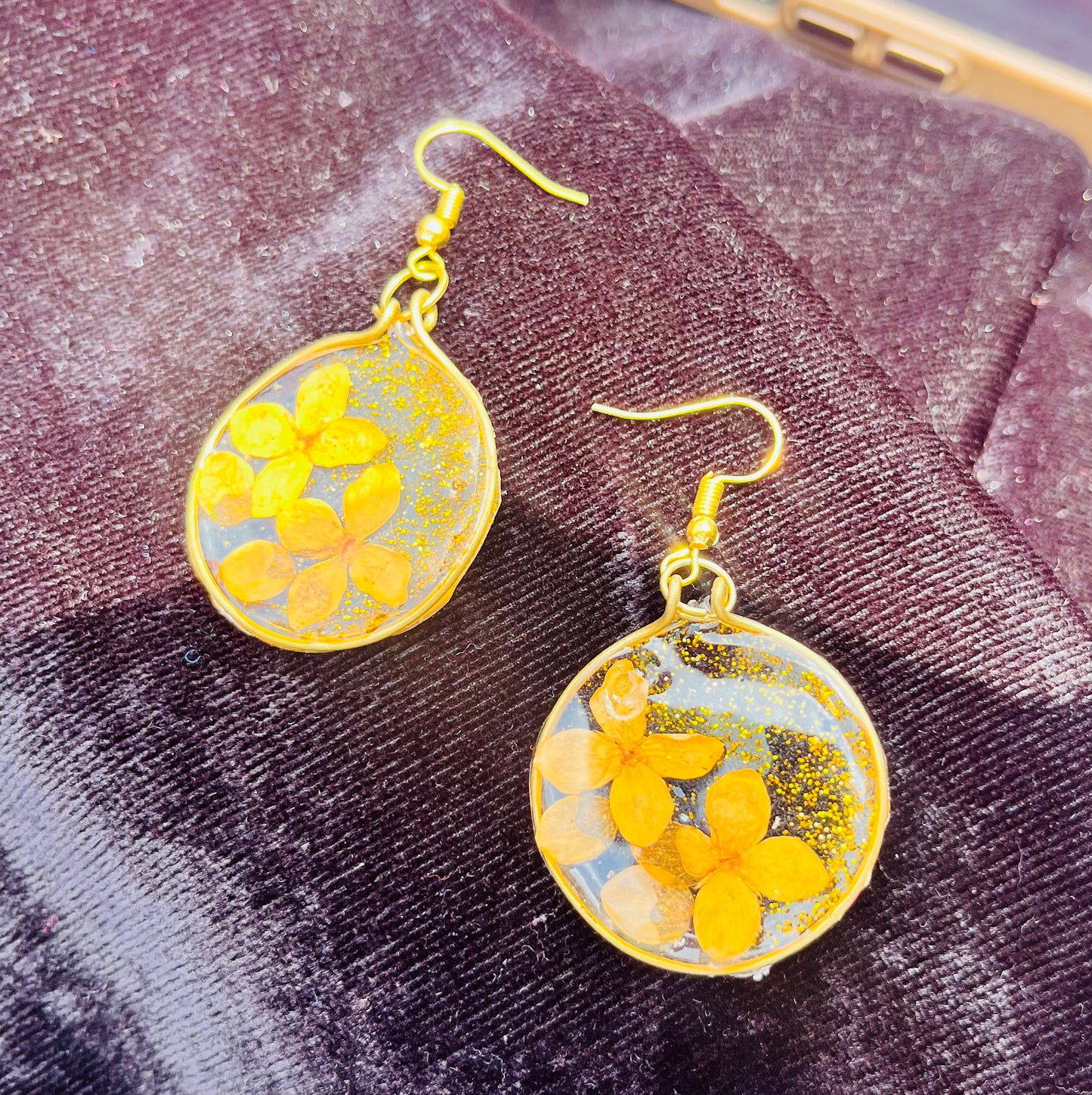 Handmade Real Yellow Flower UV Resin Dangle Earrings | Preserved Botanical Jewelry | Gold Glitter