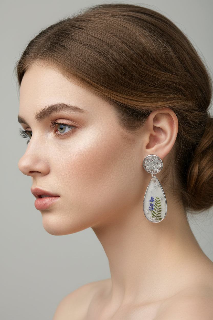 Silver Fern & Floral Teardrop Resin Earrings - Handmade Botanical Jewelry with Silver Flakes