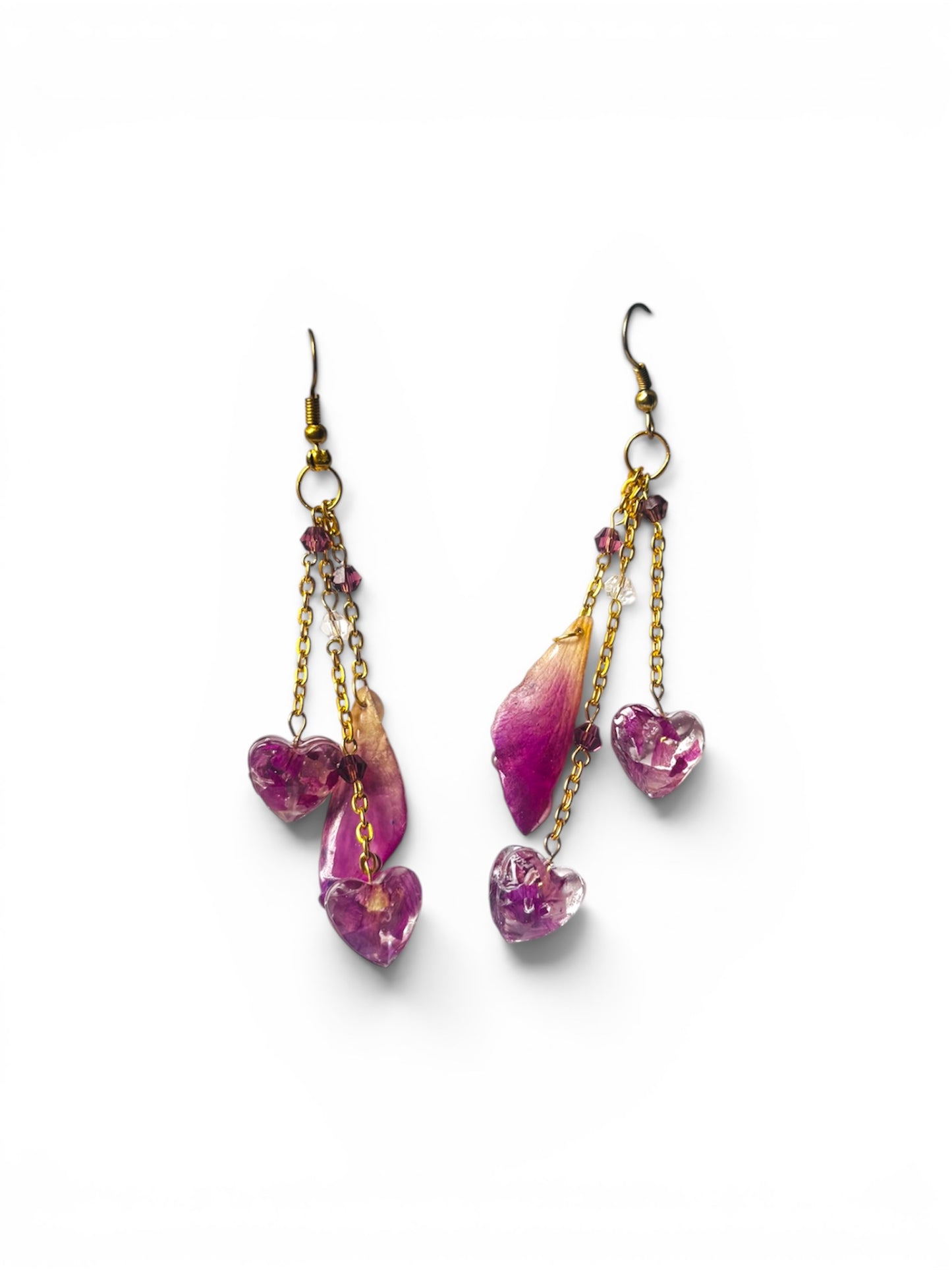 Real Purple Petal & Resin Heart Dangle Earrings with Gold-Tone Chains