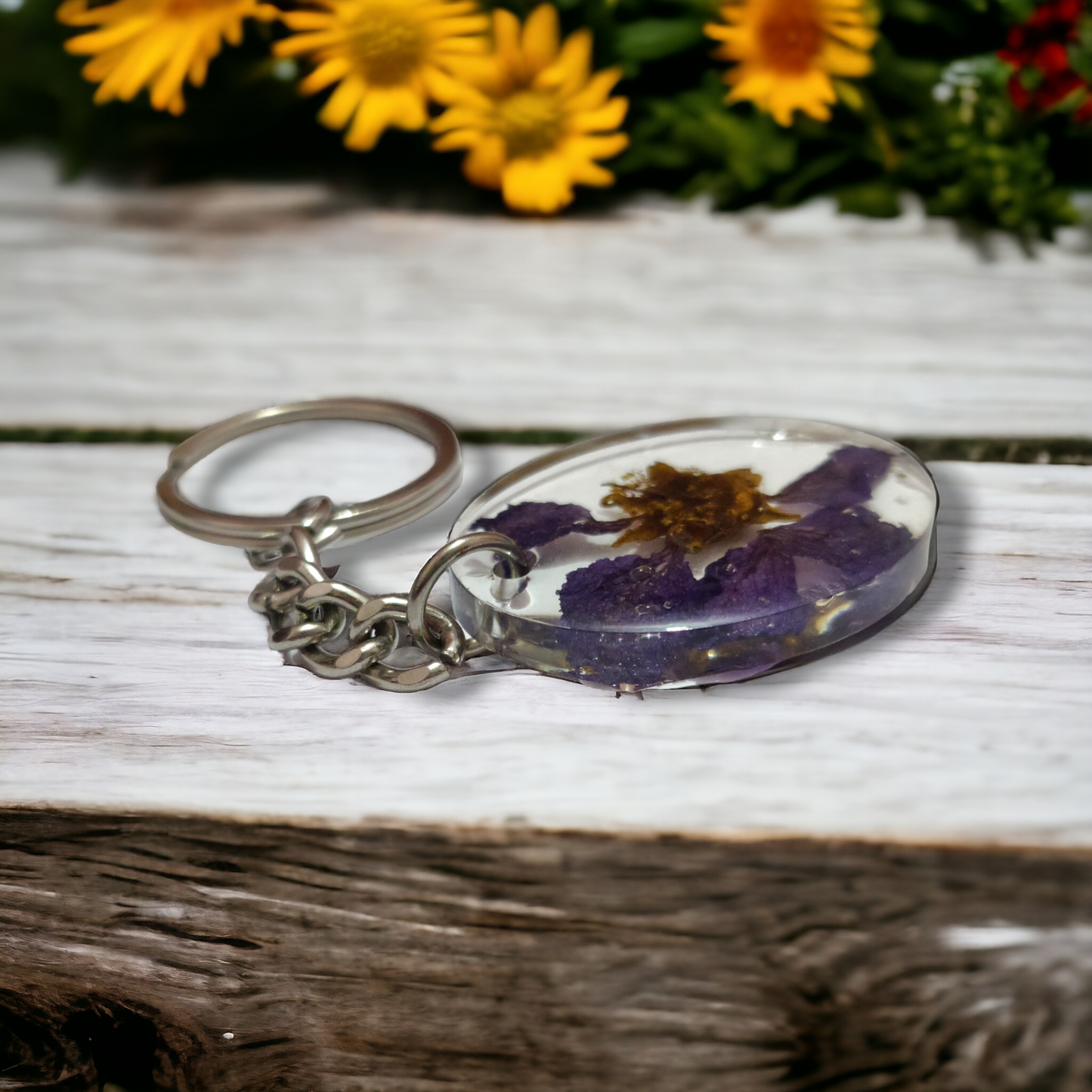 Oval UV Resin Preserved Flower Keychain