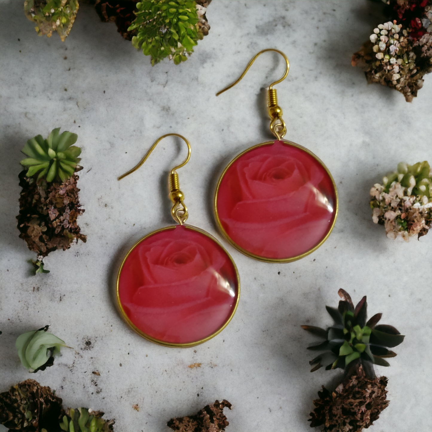 Enchanted Velvet: Red Rose & Gold Frame UV Resin Earrings