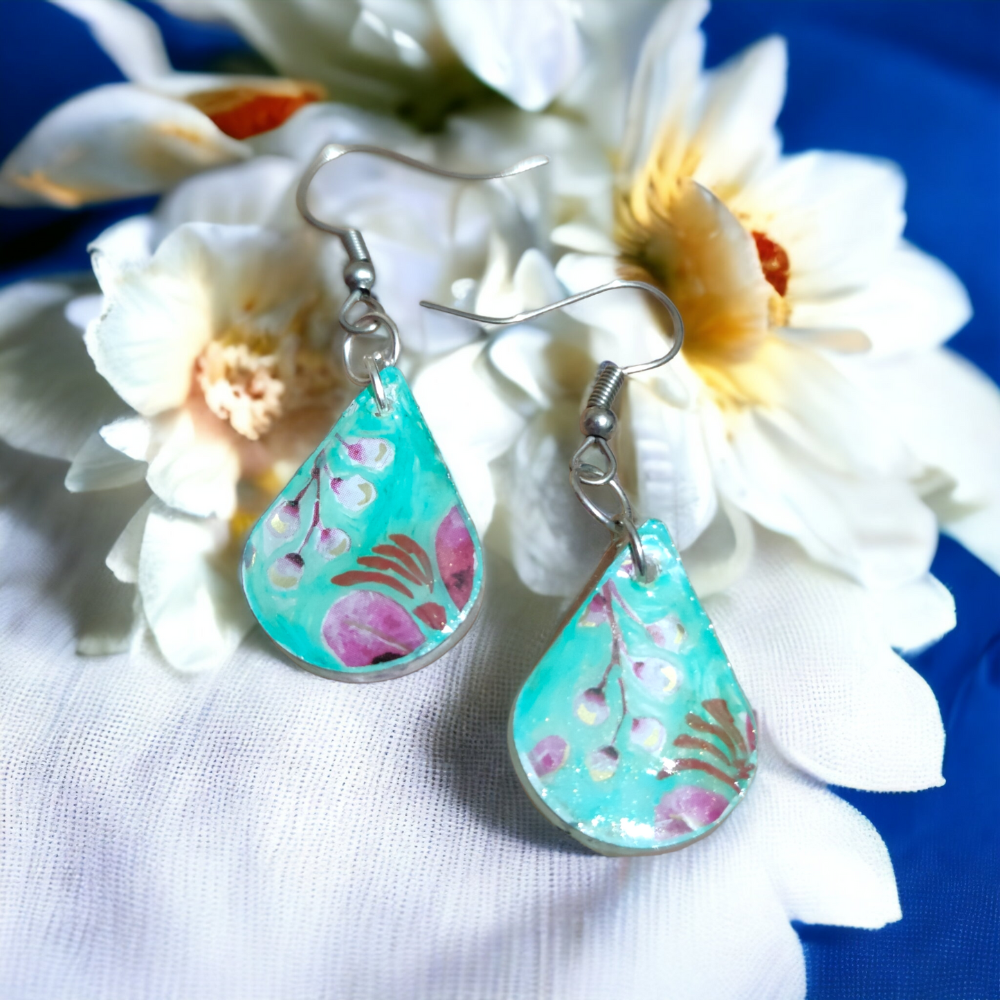 Turquoise Springtime: Hand-Painted UV Resin Teardrop Earrings