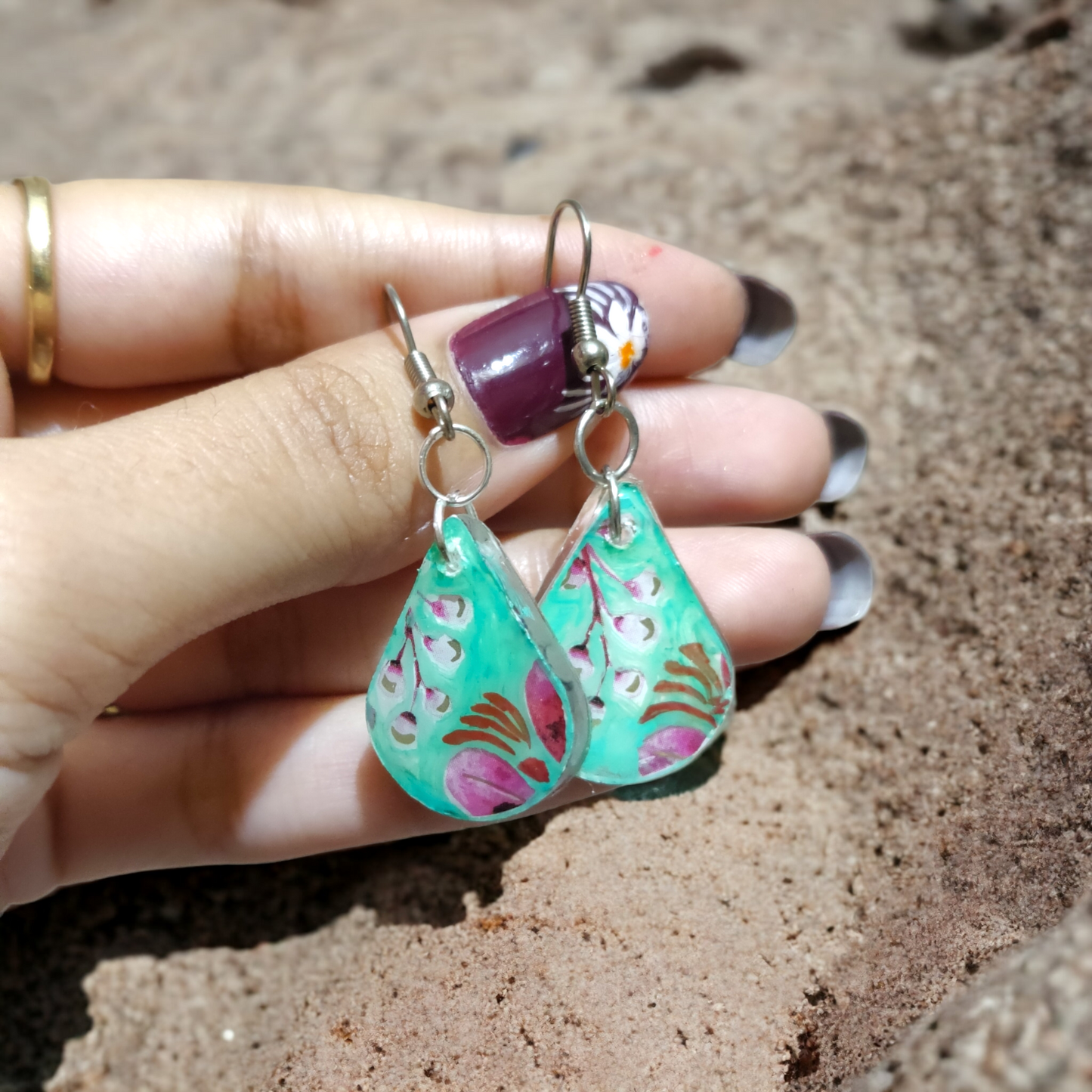 Turquoise Springtime: Hand-Painted UV Resin Teardrop Earrings