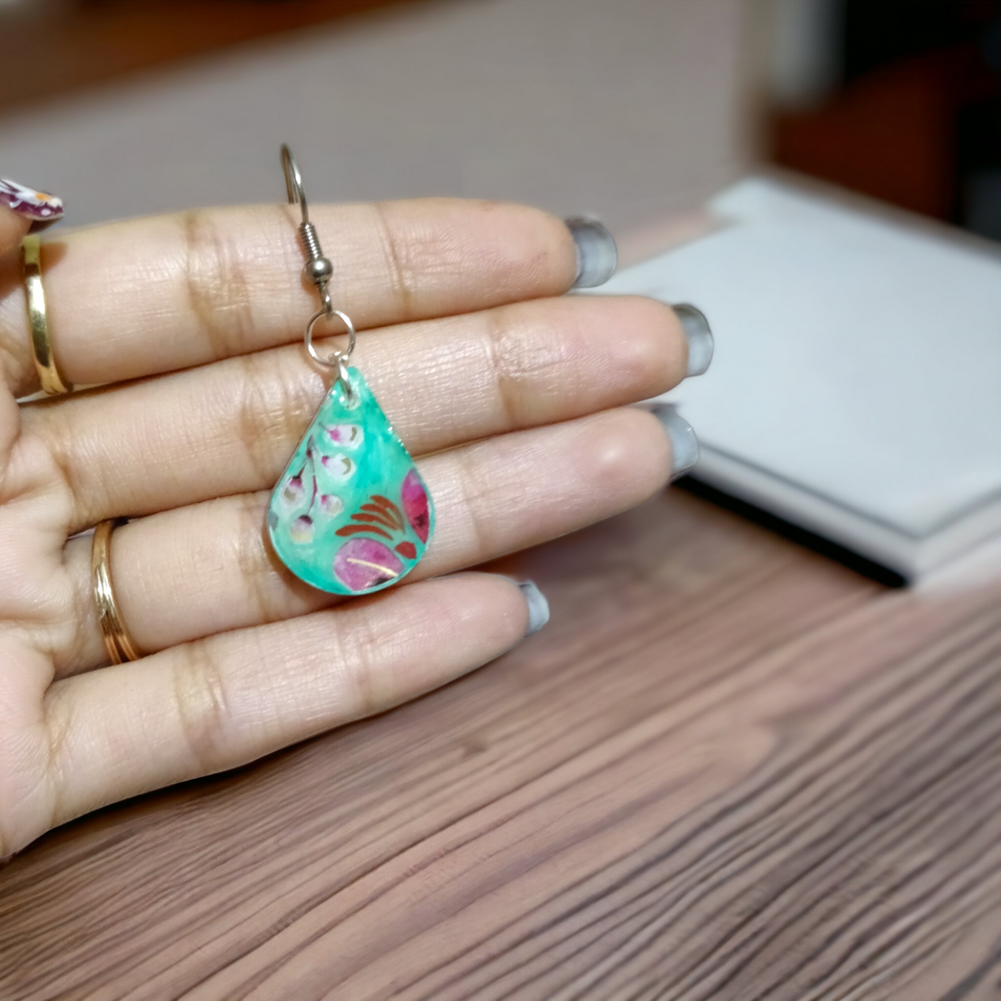 Turquoise Springtime: Hand-Painted UV Resin Teardrop Earrings