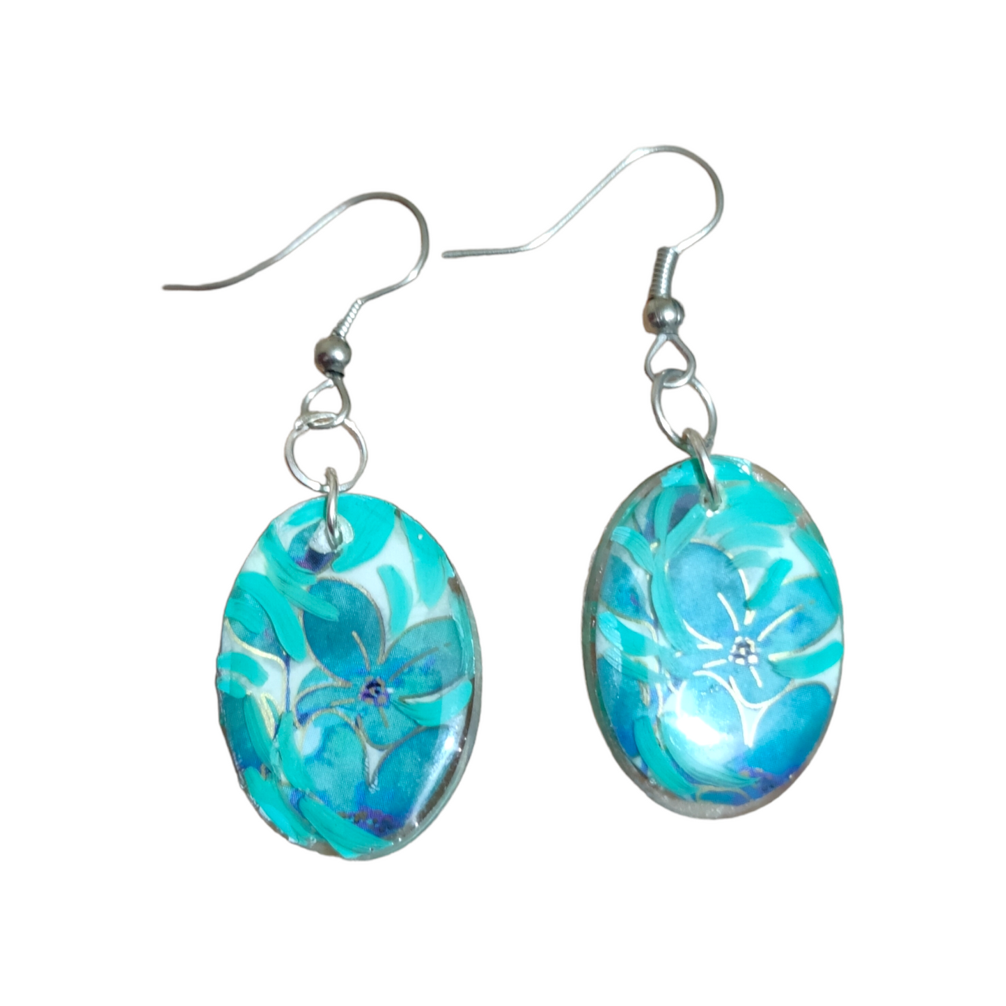 Teal Blossom: Hand-Painted Oval UV Resin Earrings
