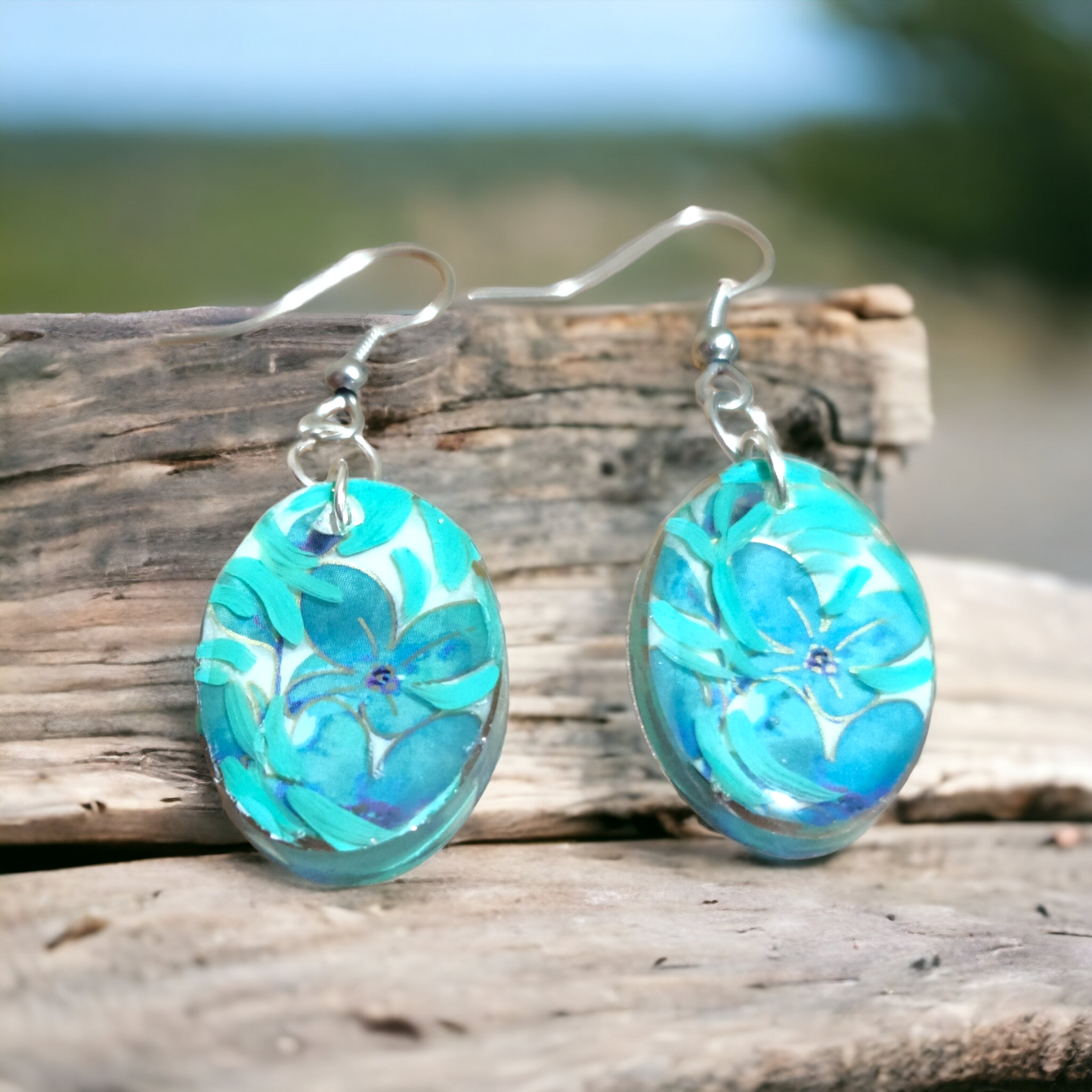 Teal Blossom: Hand-Painted Oval UV Resin Earrings