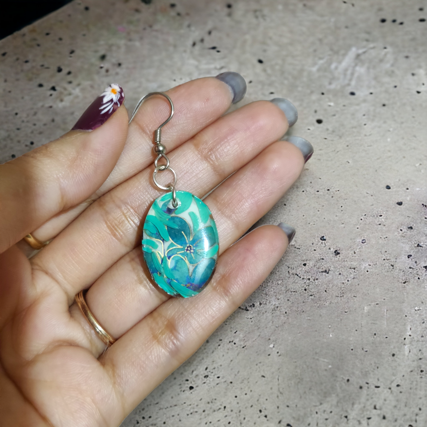 Teal Blossom: Hand-Painted Oval UV Resin Earrings