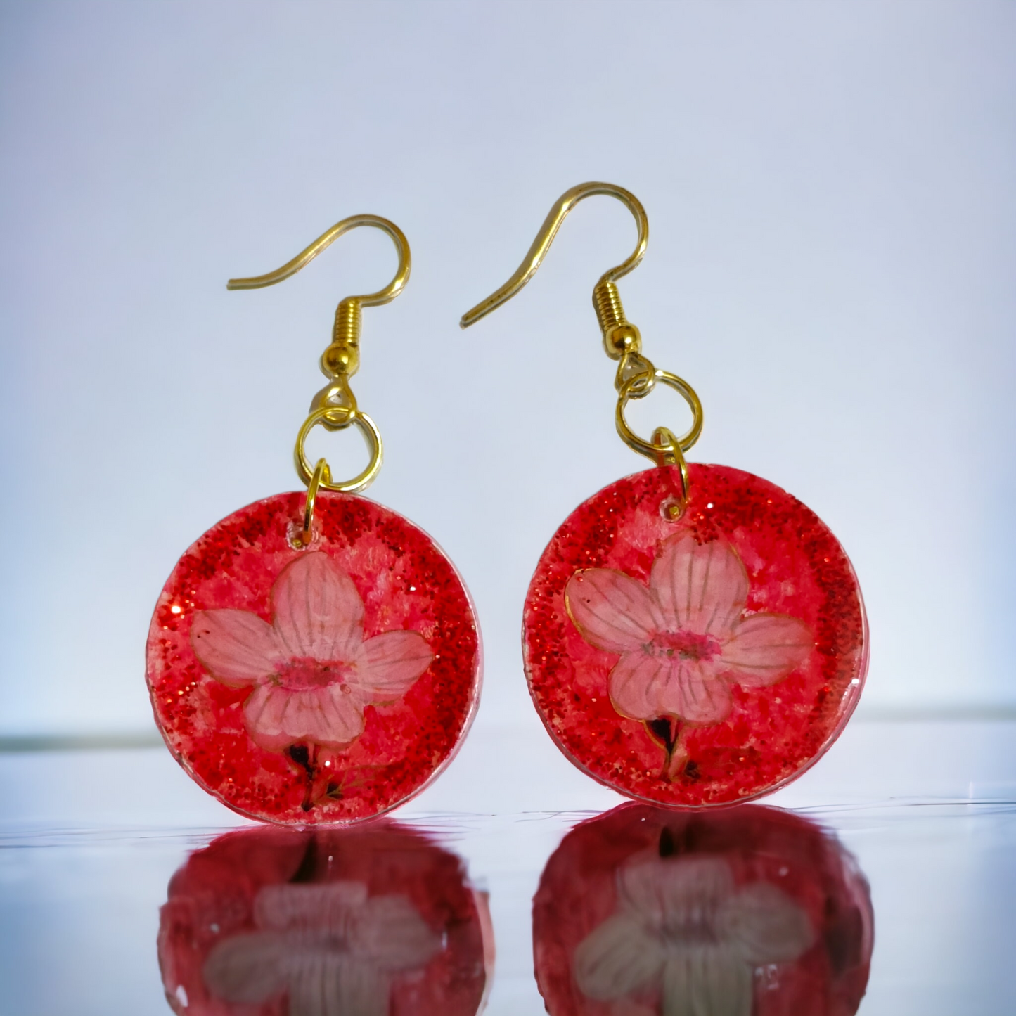 Blushing Blossom: Red Glitter UV Resin Circle Earrings