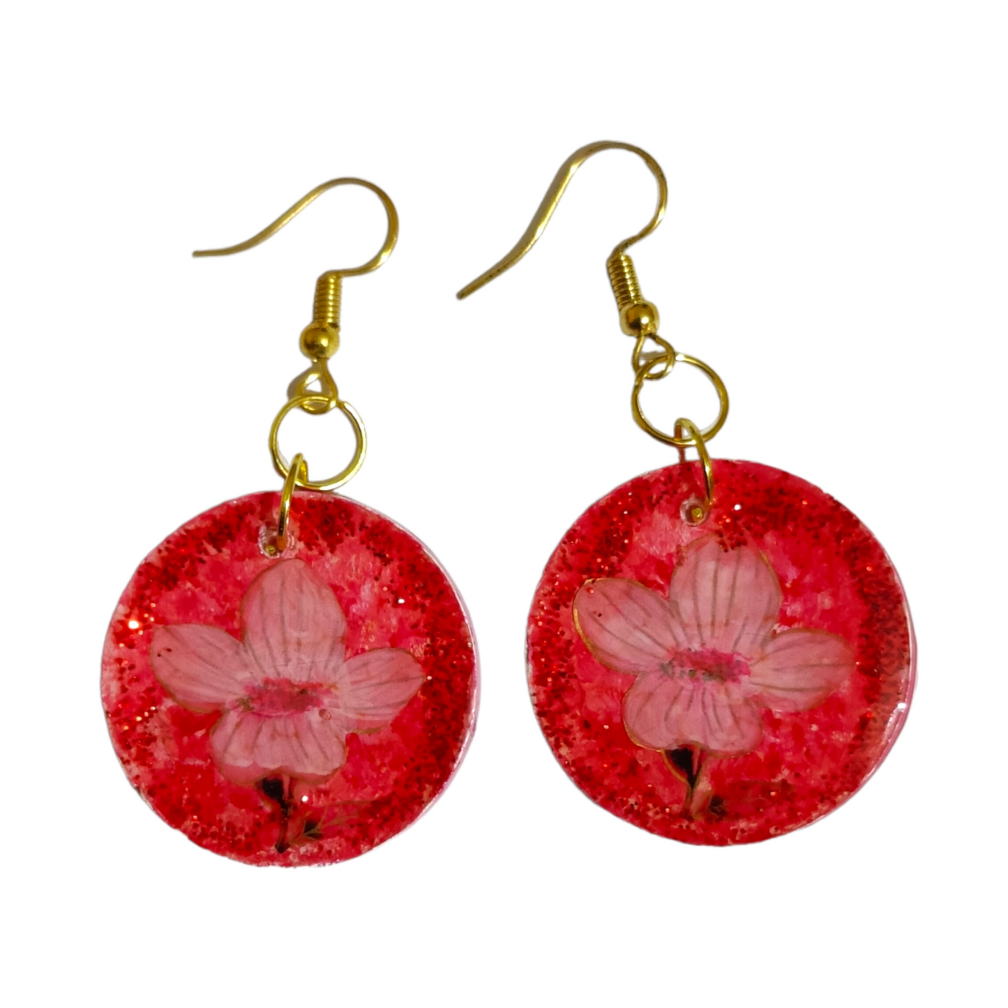 Blushing Blossom: Red Glitter UV Resin Circle Earrings