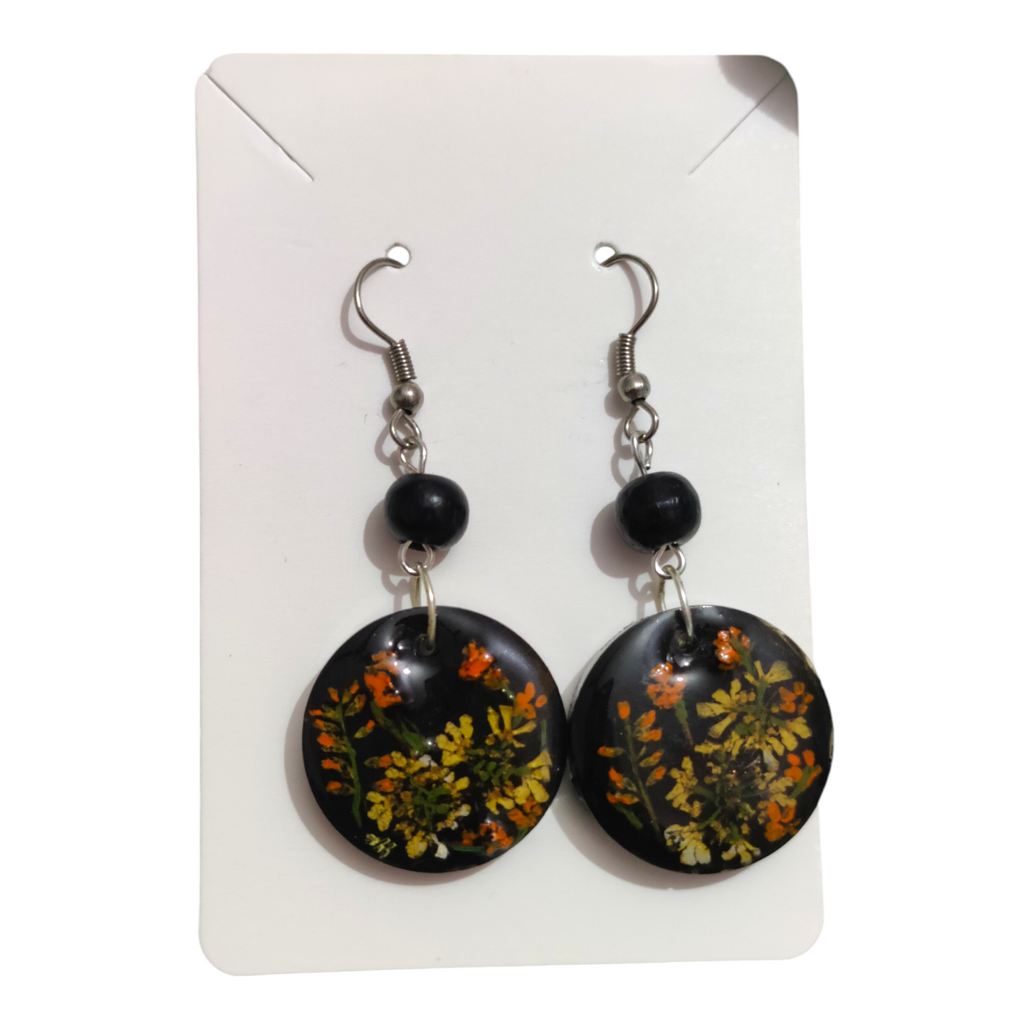 Midnight Meadow: Black Disk UV Resin Wildflower Earrings