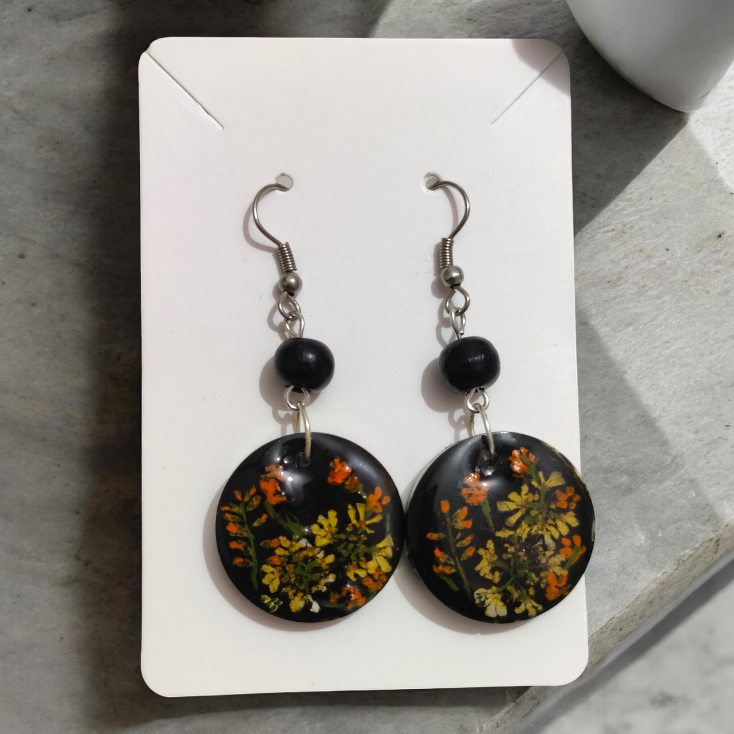 Midnight Meadow: Black Disk UV Resin Wildflower Earrings