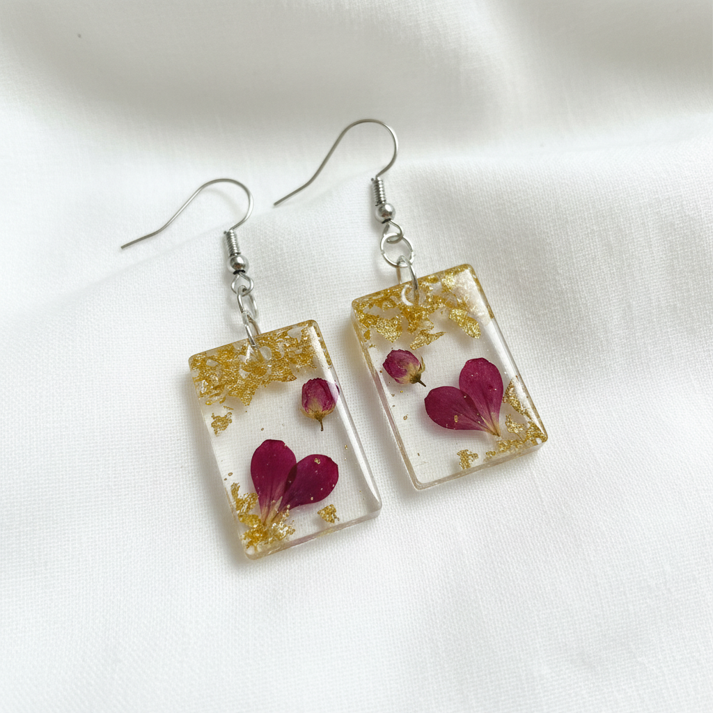 Handcrafted Gold Leaf & Floating Petal Resin Earrings