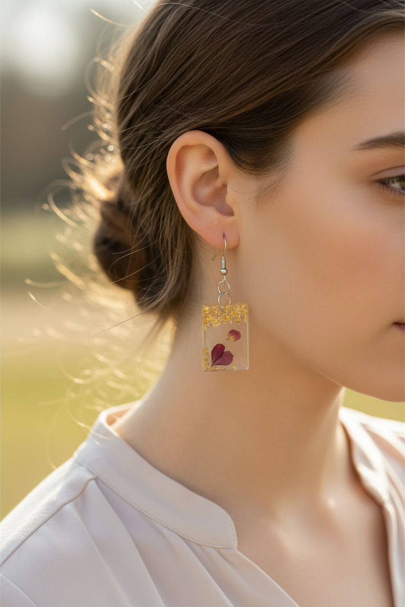 Handcrafted Gold Leaf & Floating Petal Resin Earrings