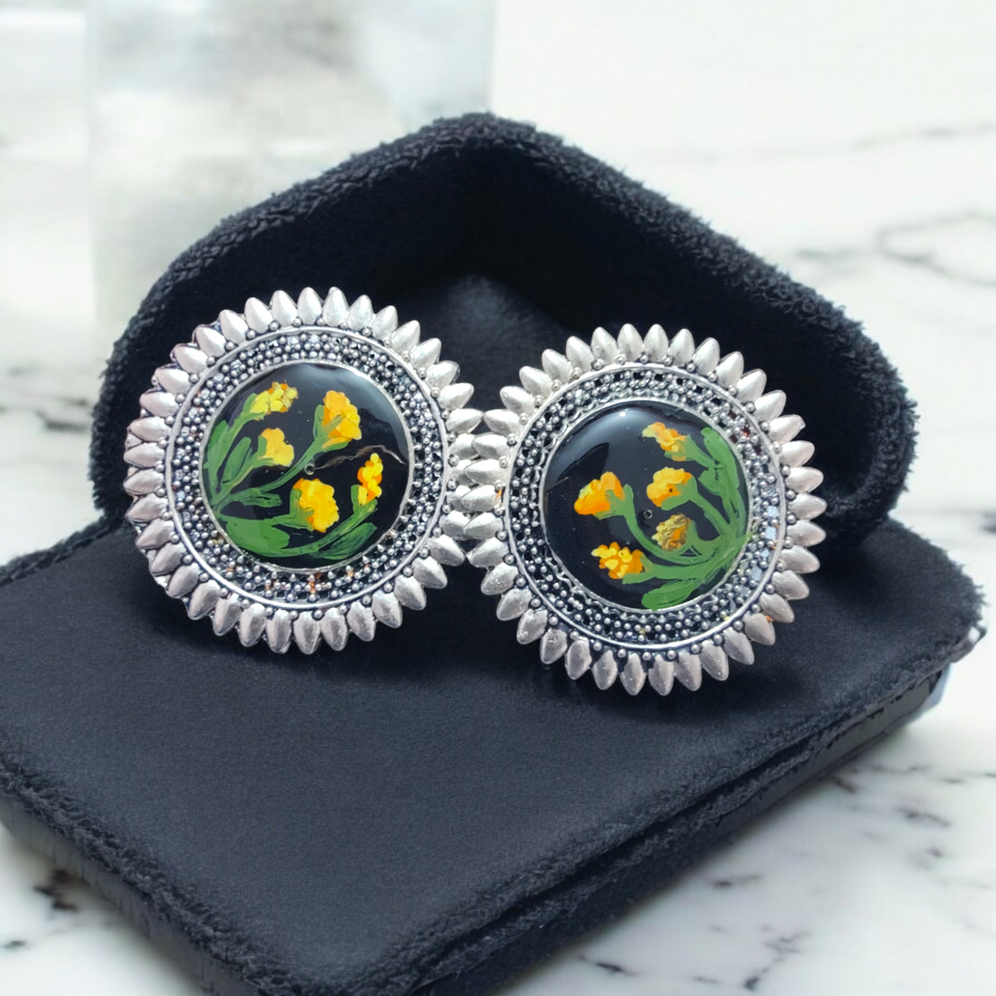 Vintage Sunburst: Handcrafted Yellow Floral UV Resin Cameo Earrings