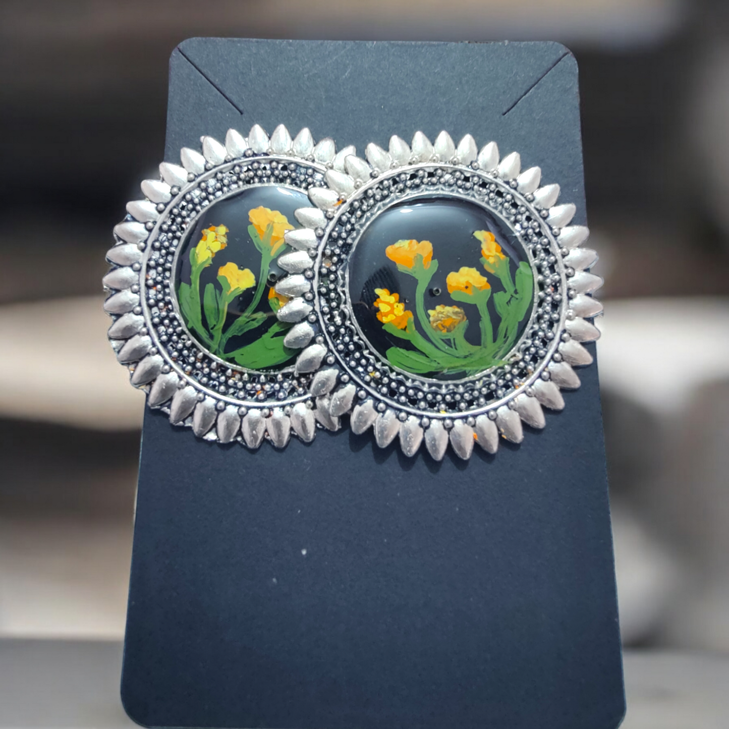 Vintage Sunburst: Handcrafted Yellow Floral UV Resin Cameo Earrings