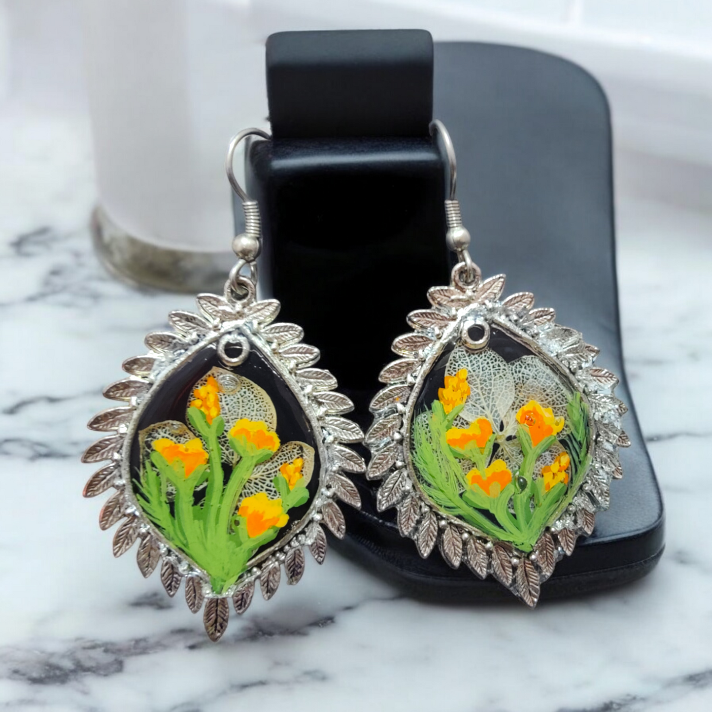 Vintage Sunburst: Handcrafted Yellow Floral UV Resin Cameo Earrings