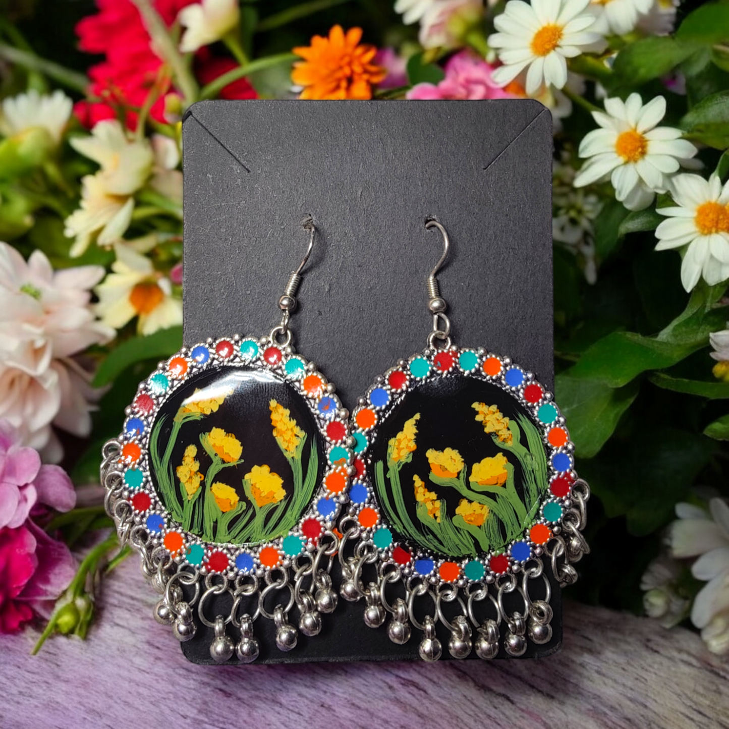 Folk Meadow: Hand-Painted Boho UV Resin Statement Earrings