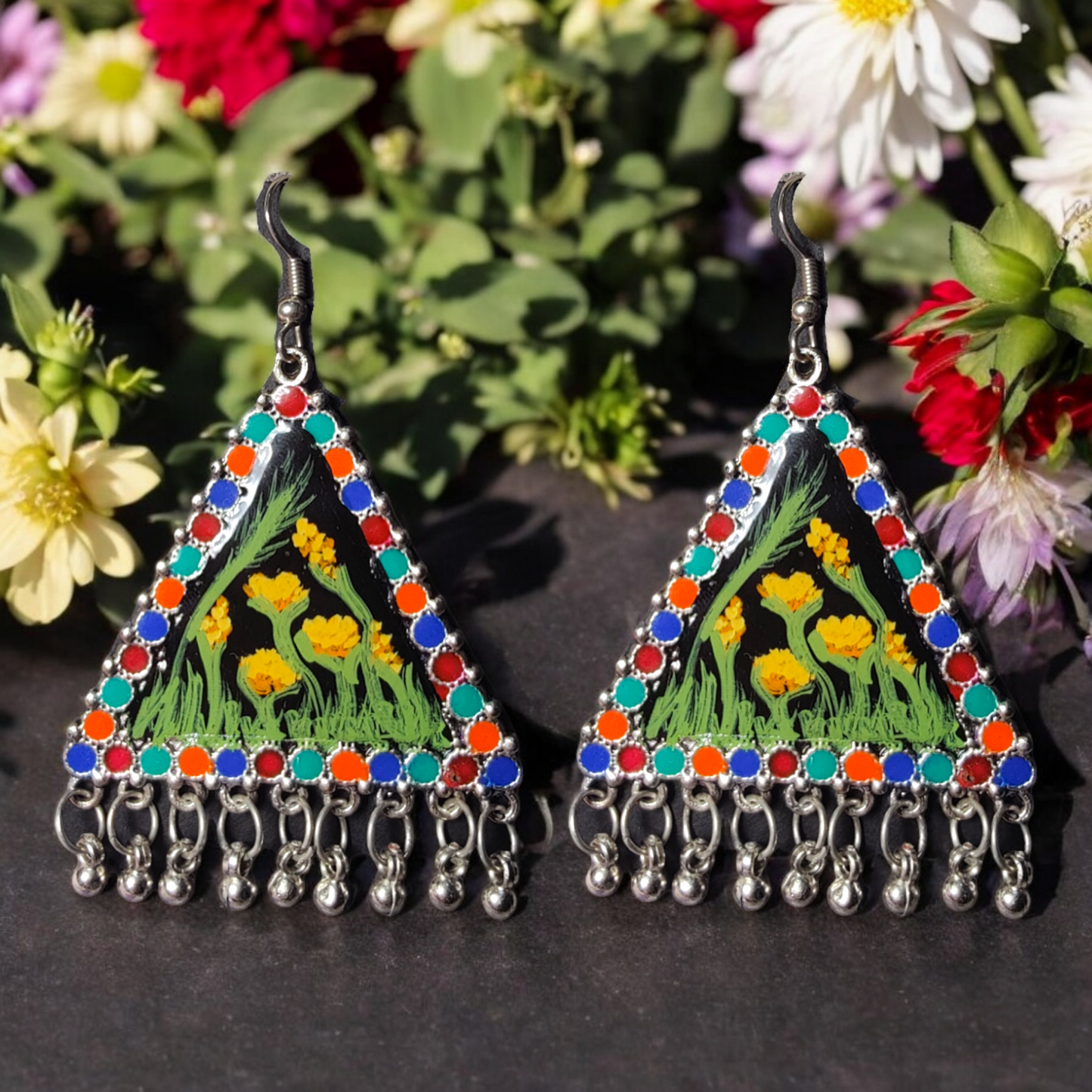 Folk Meadow: Hand-Painted Triangular UV Resin Statement Earrings