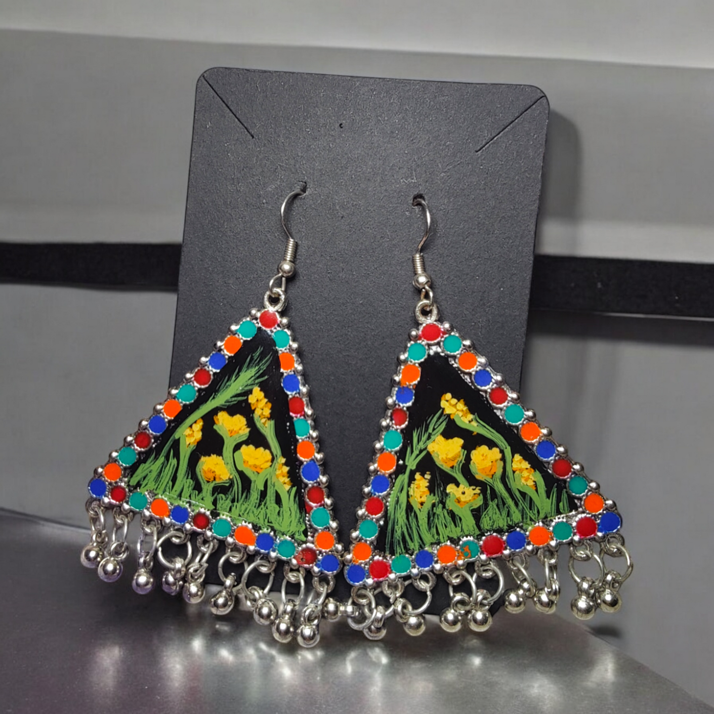 Folk Meadow: Hand-Painted Triangular UV Resin Statement Earrings