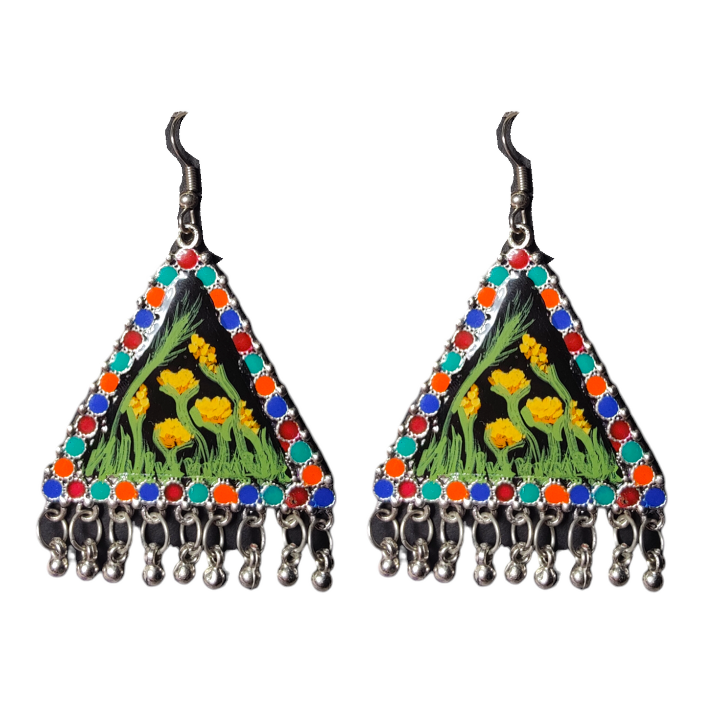 Folk Meadow: Hand-Painted Triangular UV Resin Statement Earrings