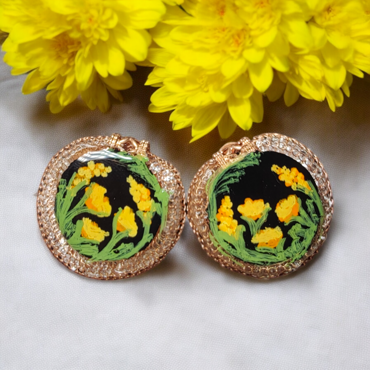 Gilded Sunburst: Hand-Painted Yellow Floral Medallion Earrings