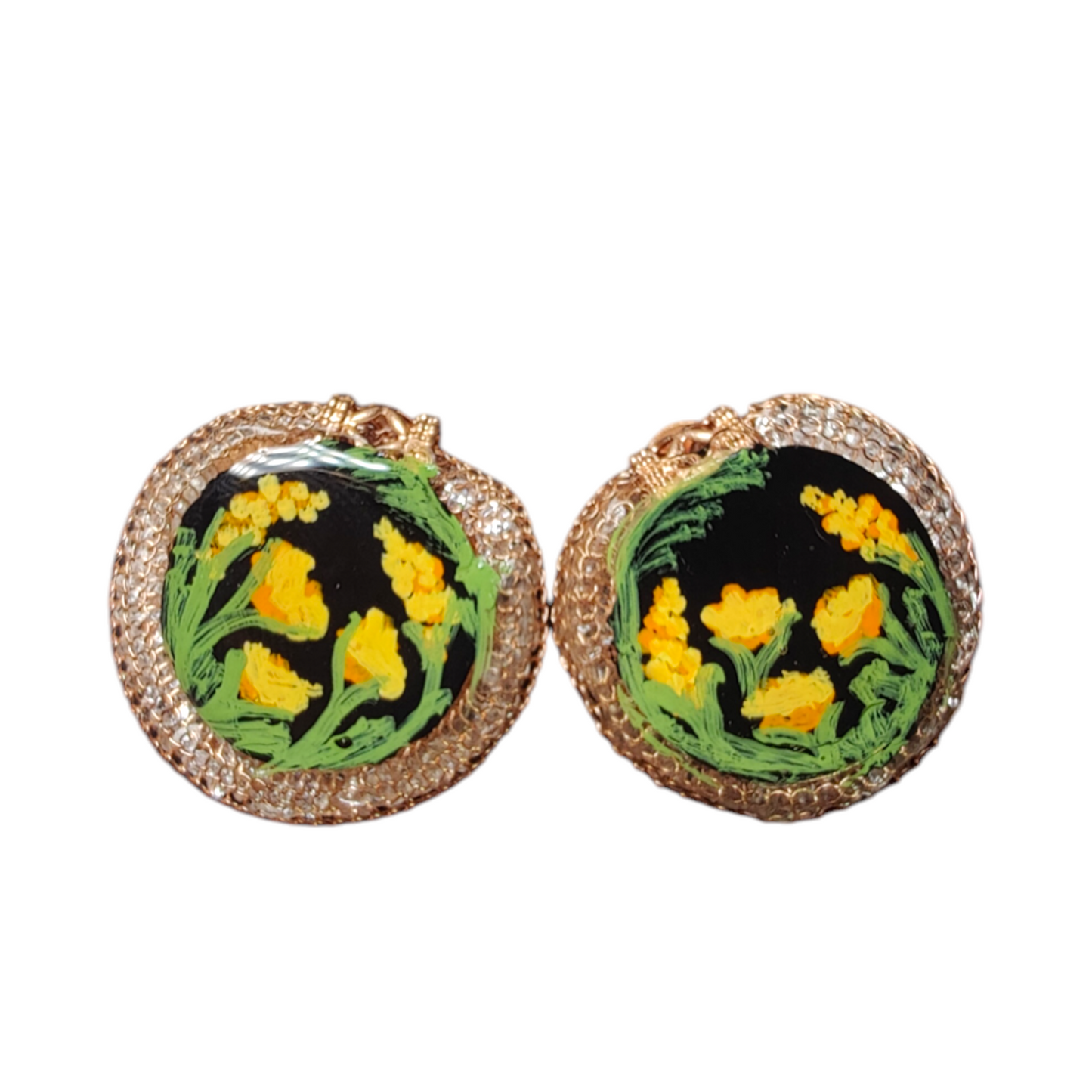Gilded Sunburst: Hand-Painted Yellow Floral Medallion Earrings