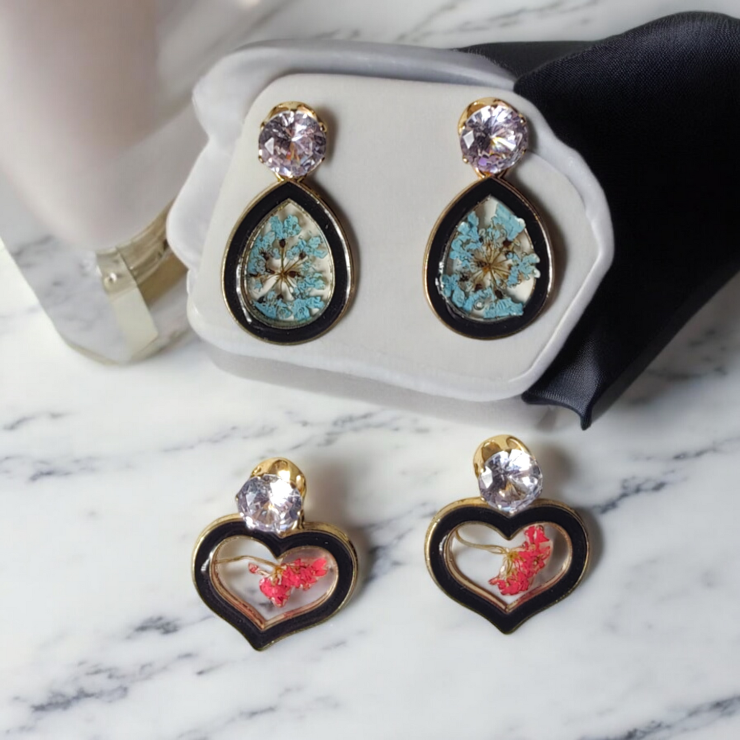 Crystal Solitaire & Preserved Botanical UV Resin Earrings