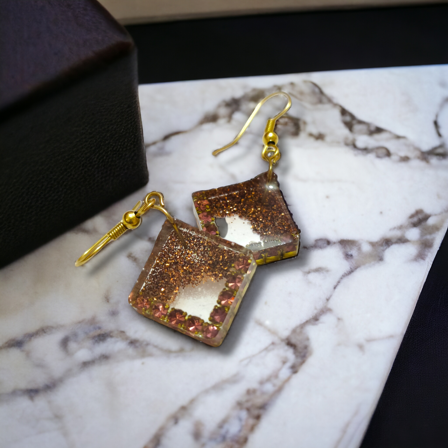 Gilded Bronze Geometric UV Resin Dangle Earrings