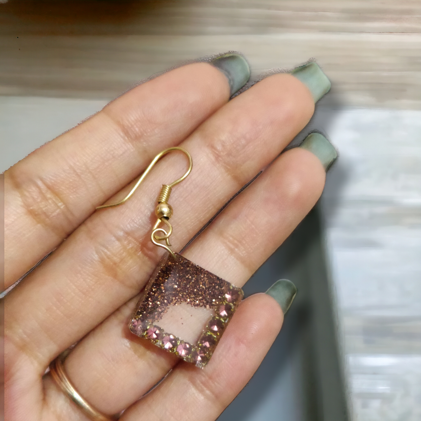 Gilded Bronze Geometric UV Resin Dangle Earrings