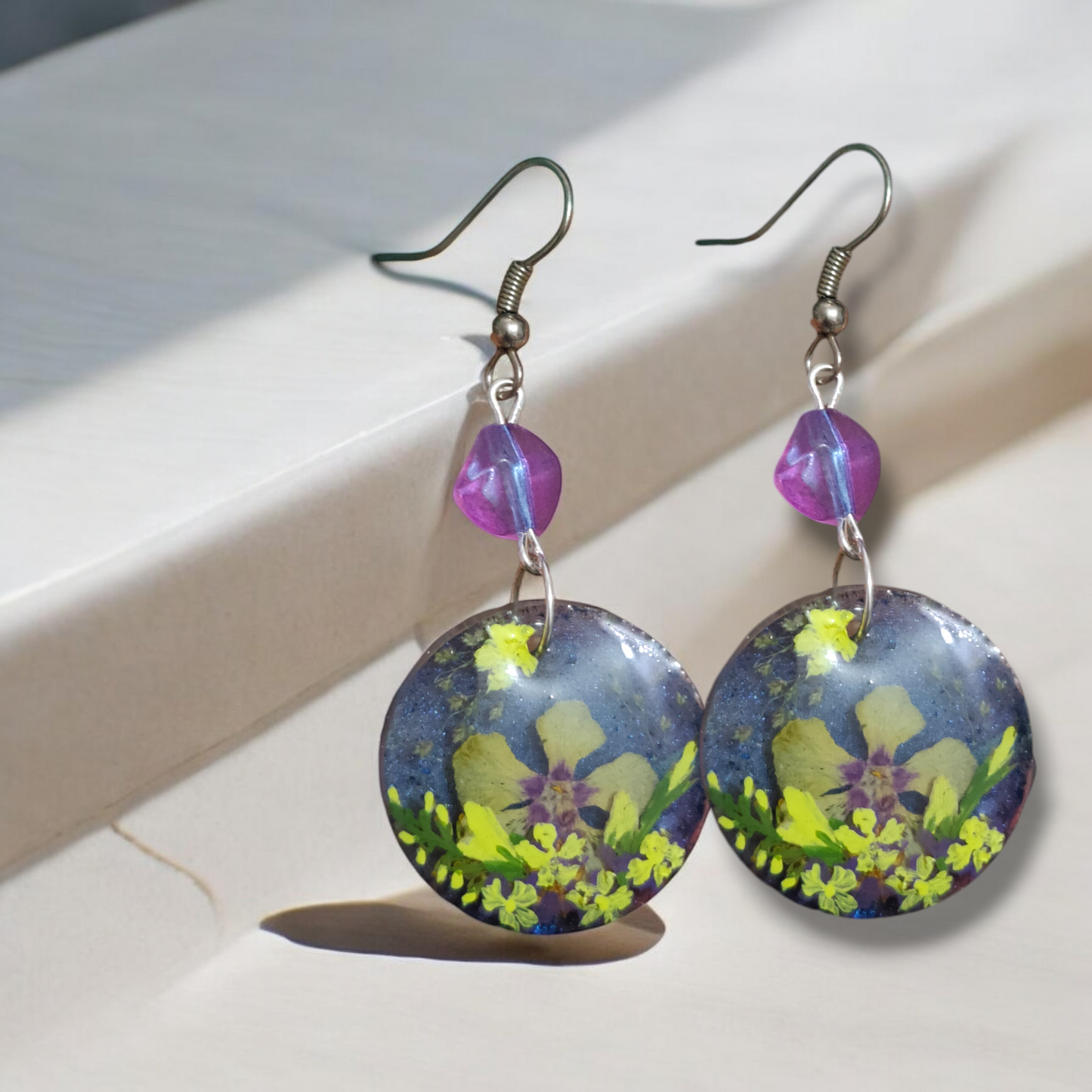 The Celestial Garden: Handcrafted Yellow Blossom & Purple Bead Drops