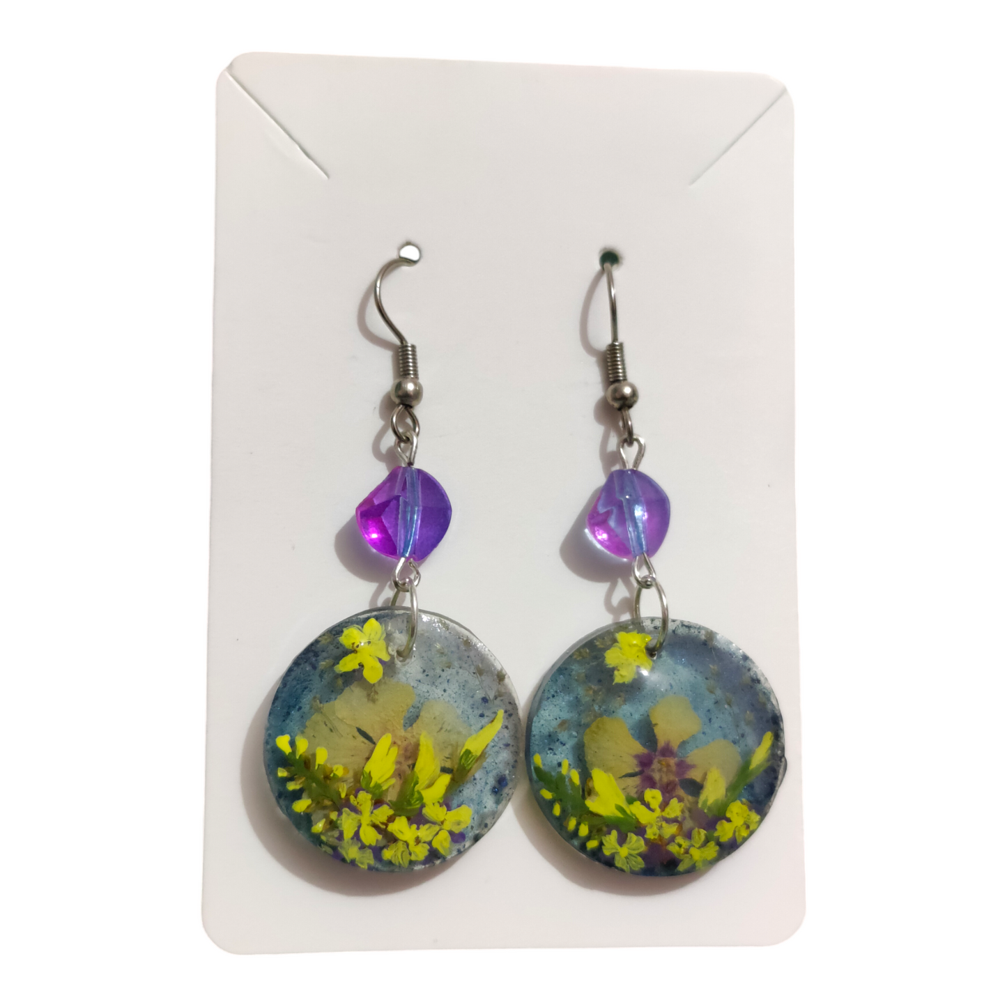 The Celestial Garden: Handcrafted Yellow Blossom & Purple Bead Drops