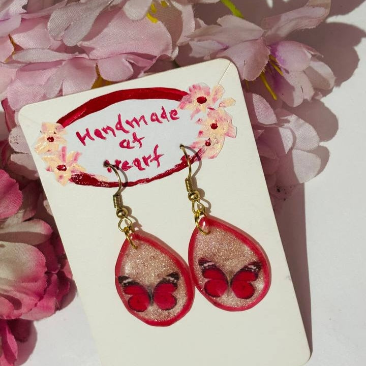Crimson Flutter: Shimmering Butterfly UV Resin Teardrop Earrings