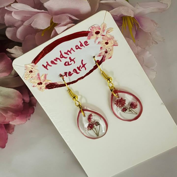 Crimson Sprig: Minimalist Real Flower UV Resin Teardrop Earrings