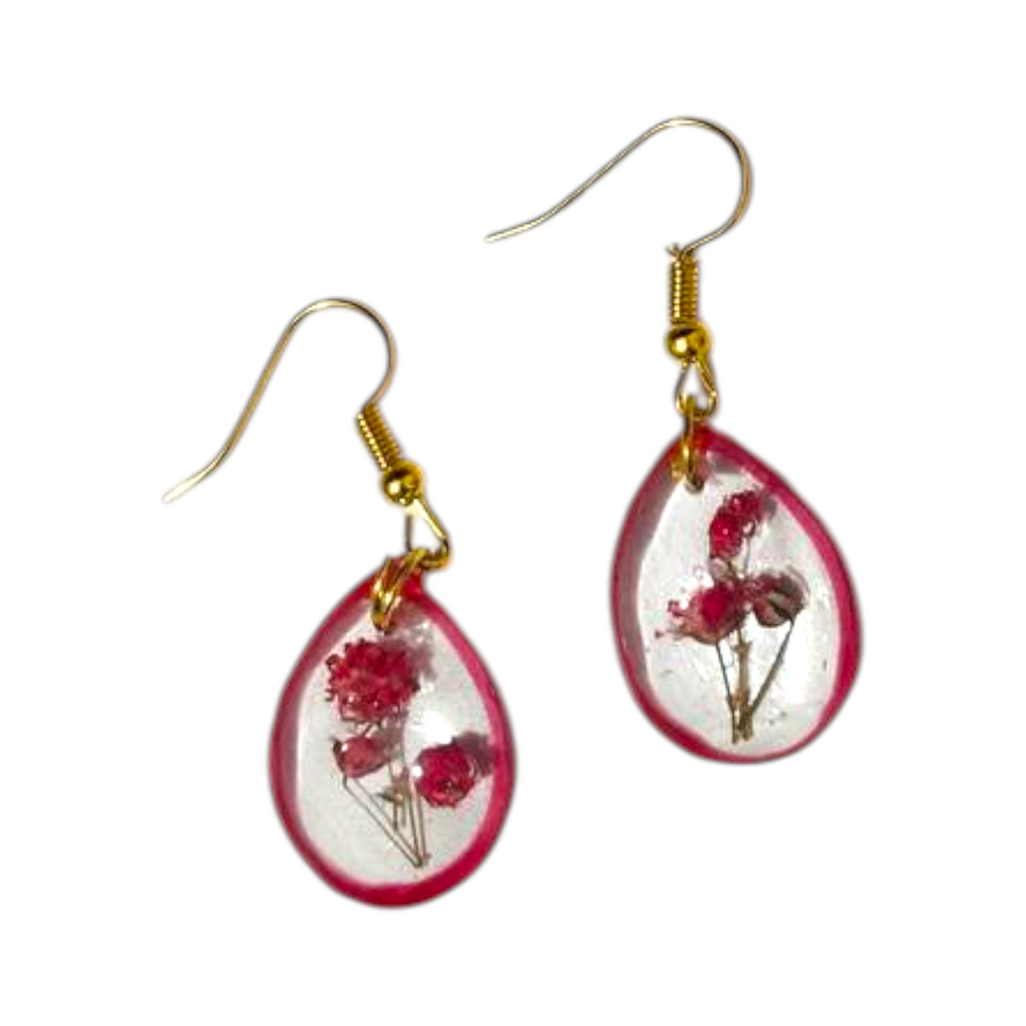 Crimson Sprig: Minimalist Real Flower UV Resin Teardrop Earrings
