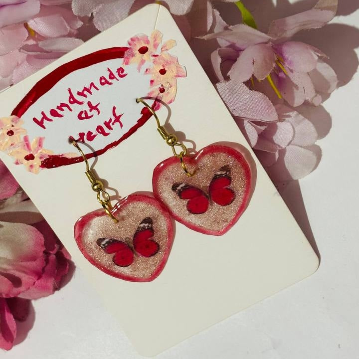 Crimson Flutter: Shimmering Butterfly UV Resin Heart Earrings